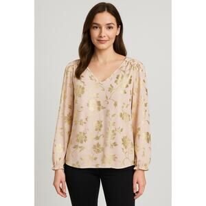 Ann Taylor Factory Blush Long Sleeve Blouse with Gold Floral Accent Size XL